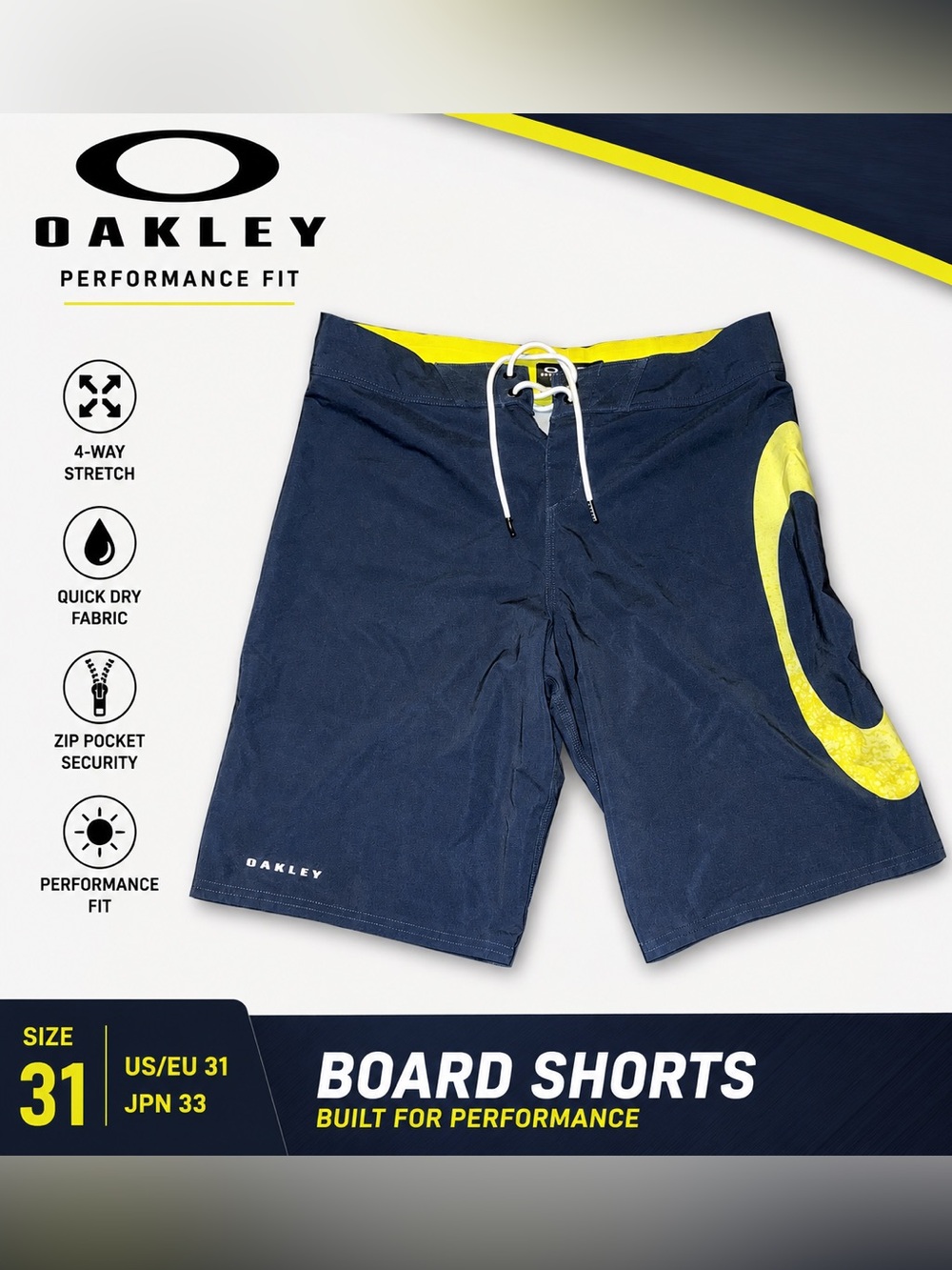 Oakley Performance Fit Board Shorts Menās Size 31 Navy Neon Yellow 4-Way Stretch